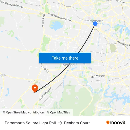Parramatta Square Light Rail to Denham Court map