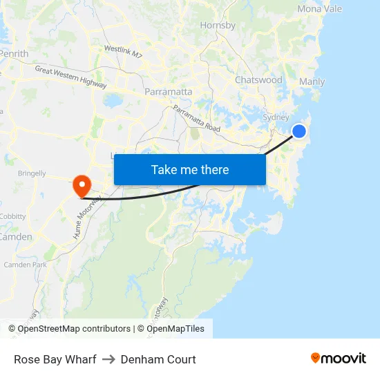 Rose Bay Wharf to Denham Court map