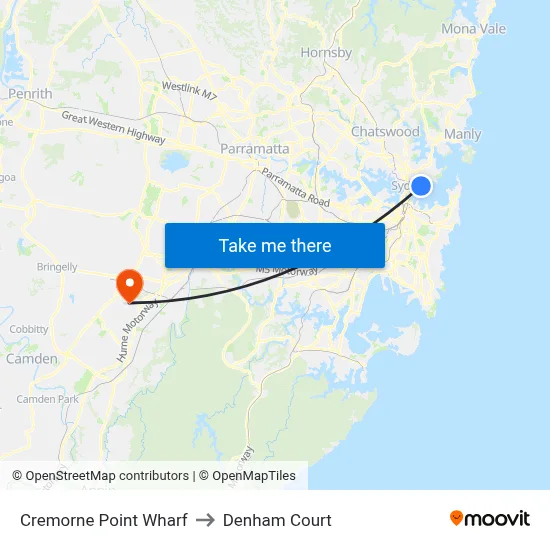 Cremorne Point Wharf to Denham Court map