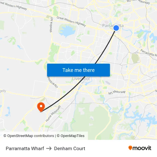 Parramatta Wharf to Denham Court map
