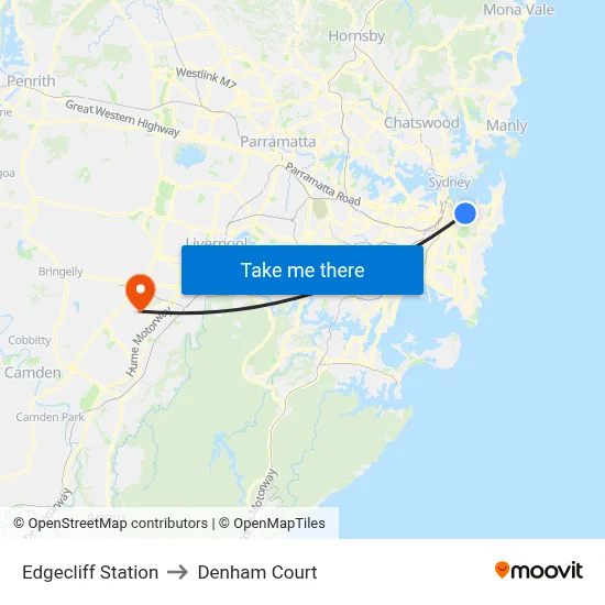 Edgecliff Station to Denham Court map