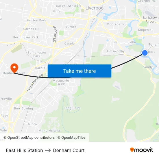 East Hills Station to Denham Court map