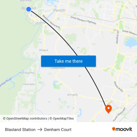 Blaxland Station to Denham Court map