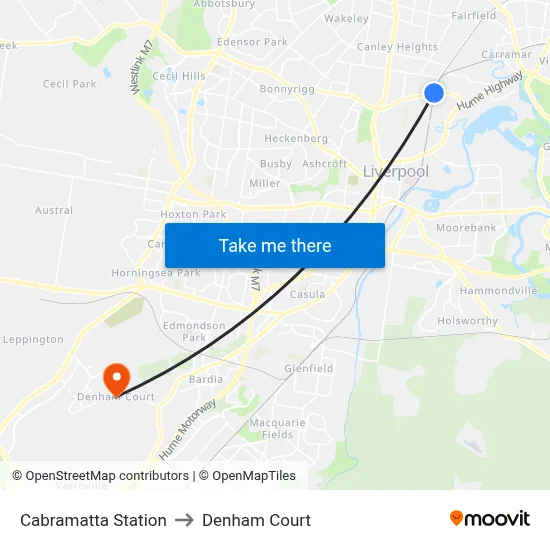 Cabramatta Station to Denham Court map