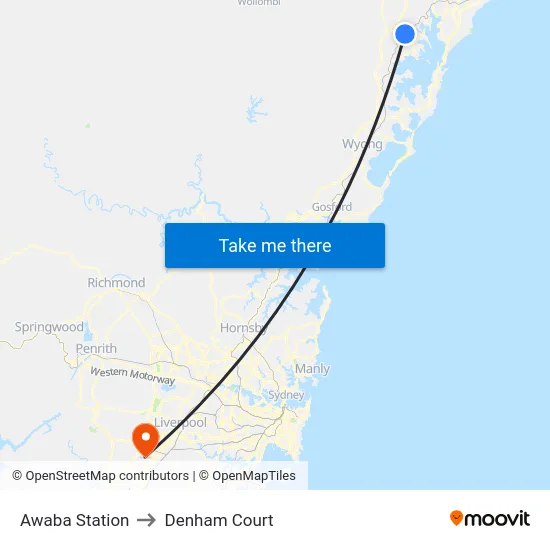 Awaba Station to Denham Court map