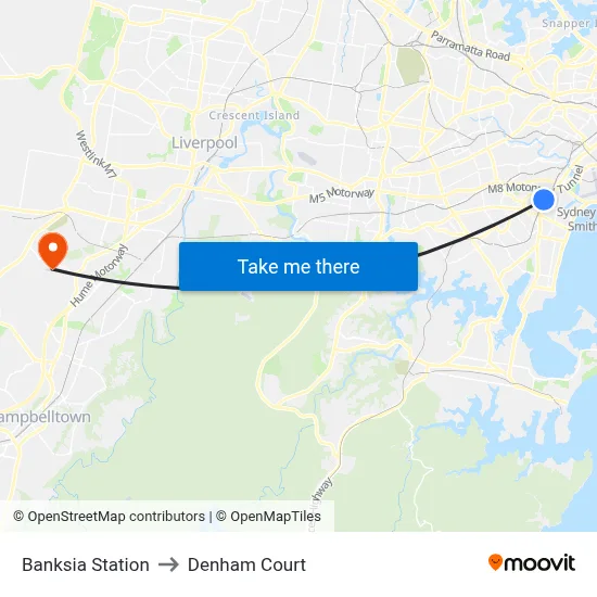 Banksia Station to Denham Court map