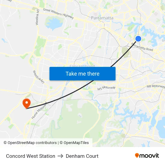 Concord West Station to Denham Court map