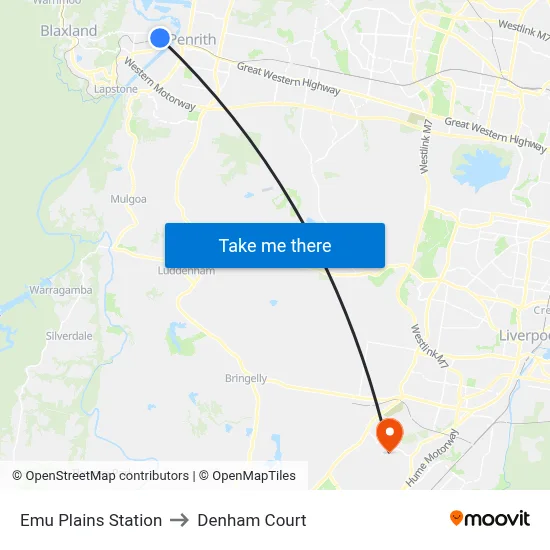 Emu Plains Station to Denham Court map