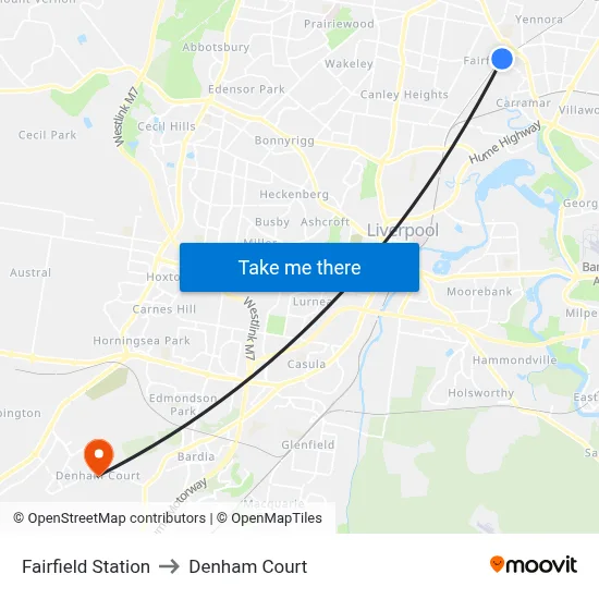 Fairfield Station to Denham Court map