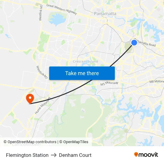 Flemington Station to Denham Court map