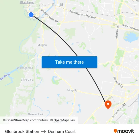 Glenbrook Station to Denham Court map