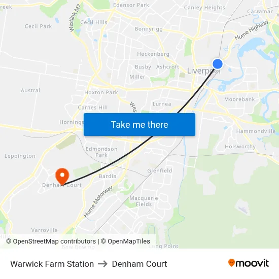 Warwick Farm Station to Denham Court map