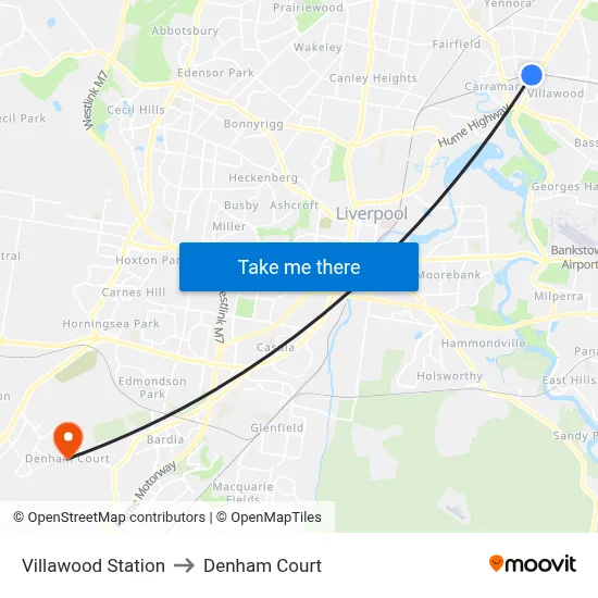 Villawood Station to Denham Court map