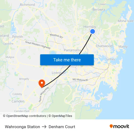Wahroonga Station to Denham Court map
