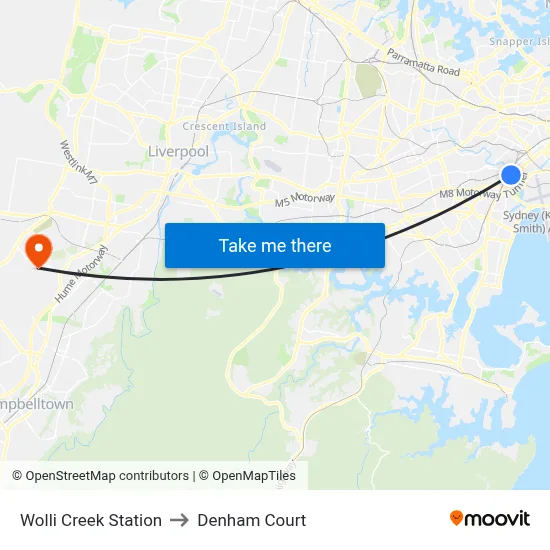Wolli Creek Station to Denham Court map