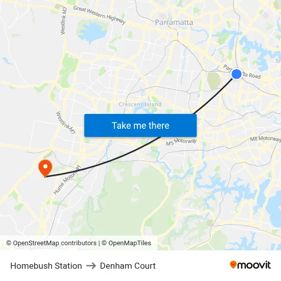 Homebush Station to Denham Court map