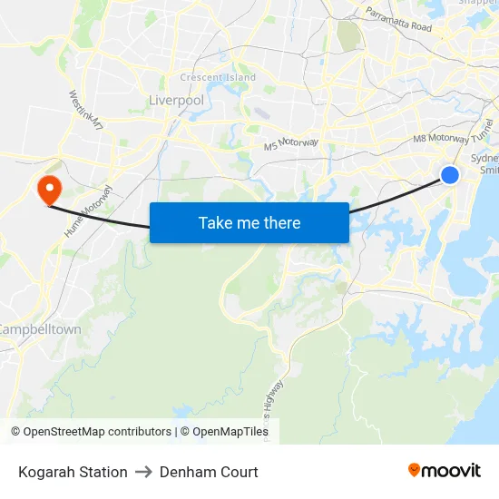 Kogarah Station to Denham Court map