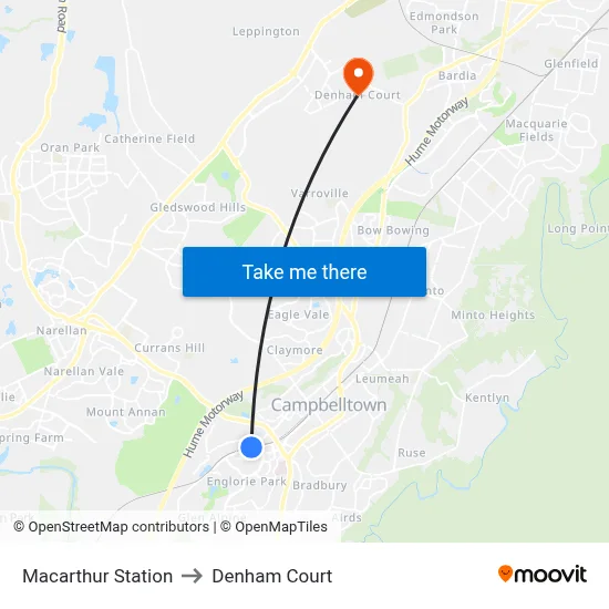 Macarthur Station to Denham Court map