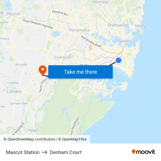 Mascot Station to Denham Court map