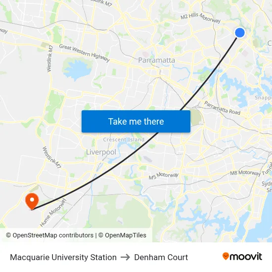 Macquarie University Station to Denham Court map