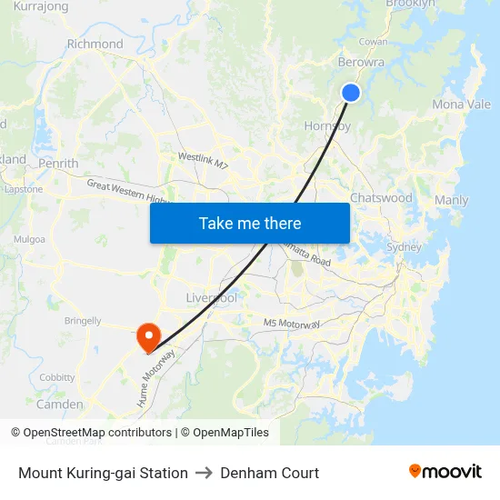 Mount Kuring-gai Station to Denham Court map