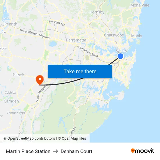 Martin Place Station to Denham Court map