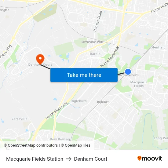 Macquarie Fields Station to Denham Court map