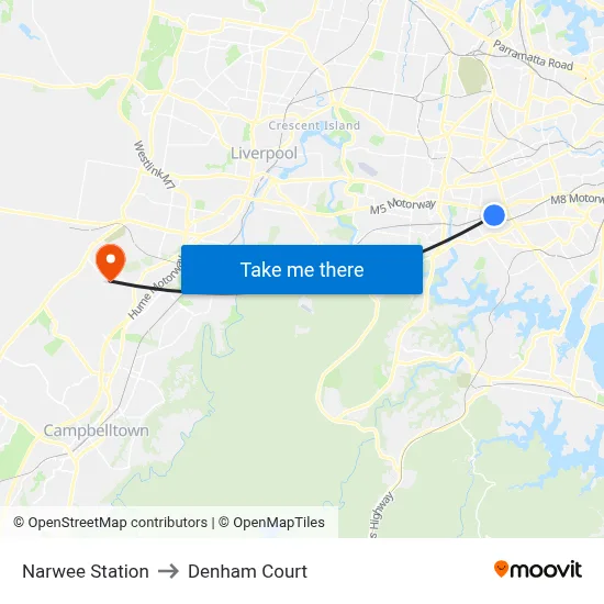 Narwee Station to Denham Court map