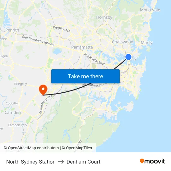 North Sydney Station to Denham Court map