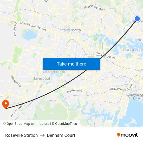 Roseville Station to Denham Court map