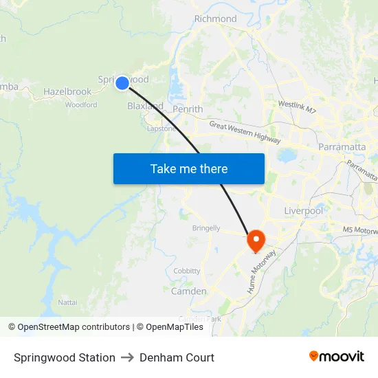 Springwood Station to Denham Court map