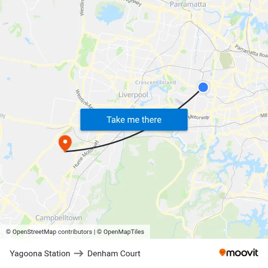 Yagoona Station to Denham Court map