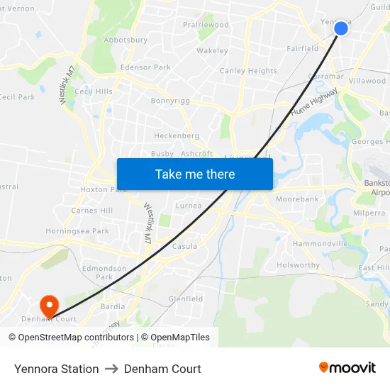 Yennora Station to Denham Court map