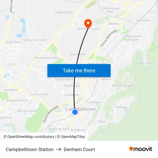 Campbelltown Station to Denham Court map