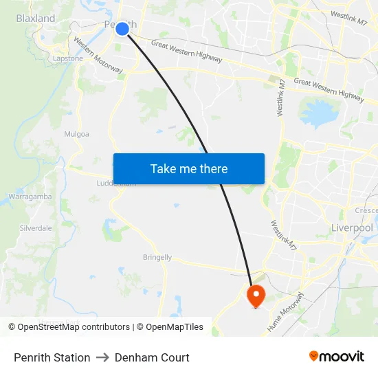 Penrith Station to Denham Court map