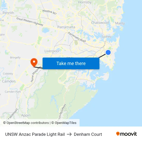 UNSW Anzac Parade Light Rail to Denham Court map