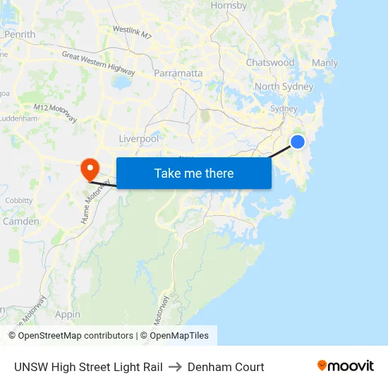 UNSW High Street Light Rail to Denham Court map