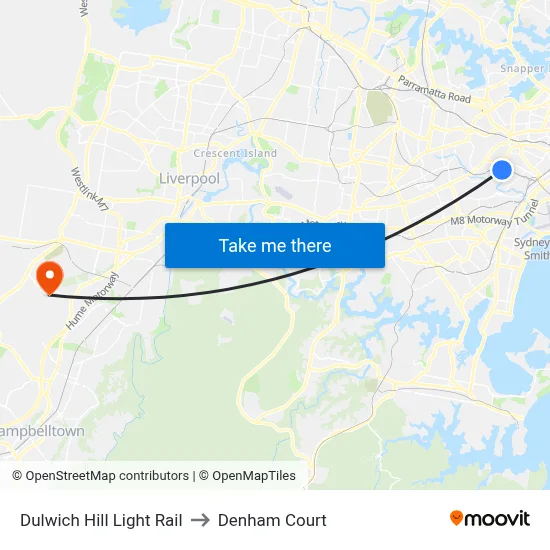 Dulwich Hill Light Rail to Denham Court map