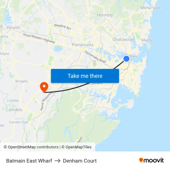 Balmain East Wharf to Denham Court map