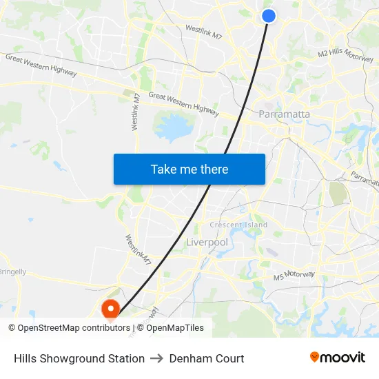 Hills Showground Station to Denham Court map