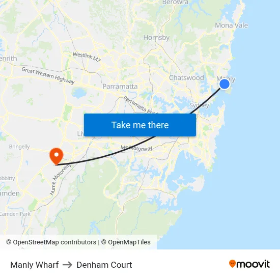 Manly Wharf to Denham Court map