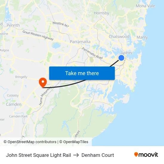 John Street Square Light Rail to Denham Court map