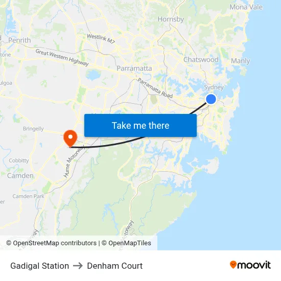 Gadigal Station to Denham Court map