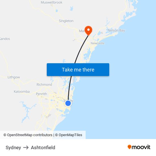 Sydney to Ashtonfield map