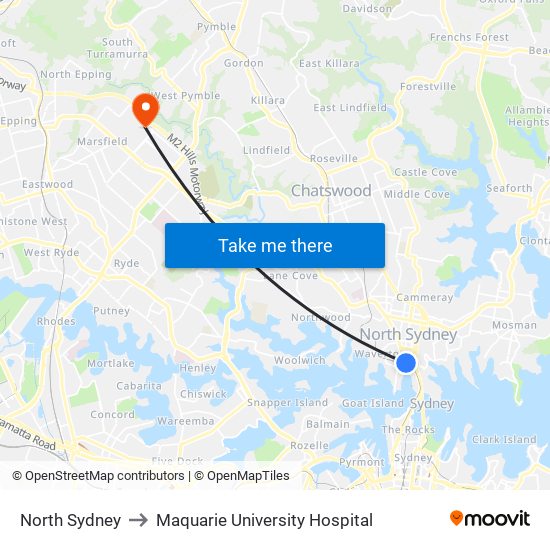 North Sydney to Maquarie University Hospital map