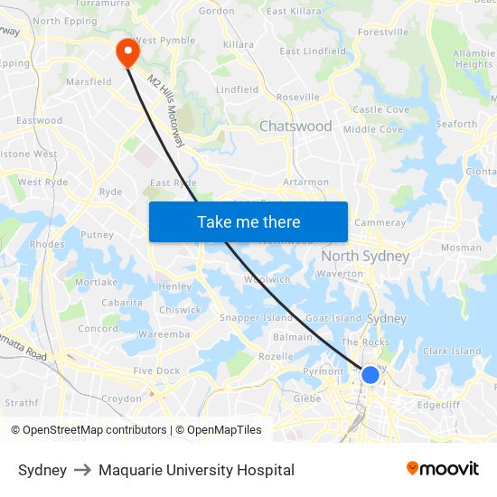 Sydney to Maquarie University Hospital map