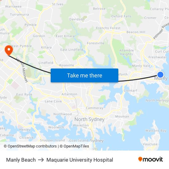 Manly Beach to Maquarie University Hospital map