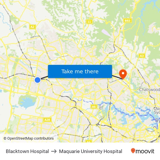 Blacktown Hospital to Maquarie University Hospital map