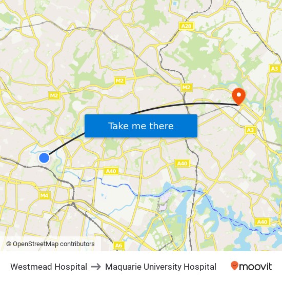 Westmead Hospital to Maquarie University Hospital map