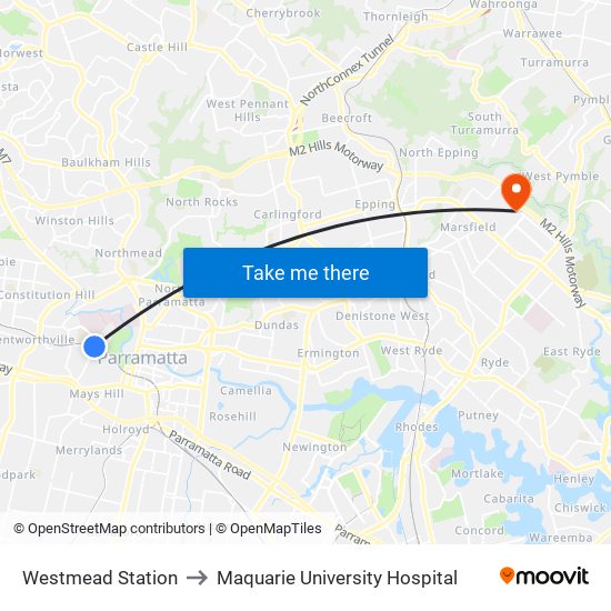 Westmead Station to Maquarie University Hospital map